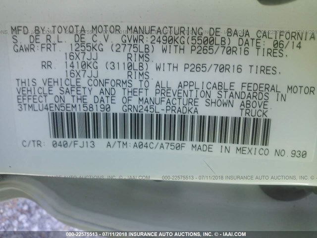 3TMLU4EN5EM158190 - 2014 TOYOTA TACOMA DOUBLE CAB 白色 照片 9