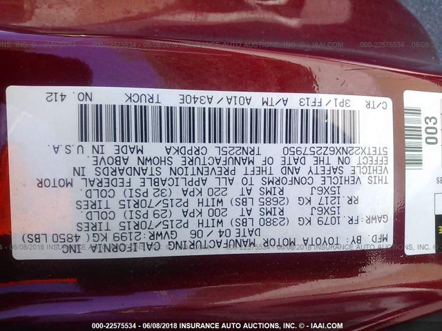 5TETX22NX6Z257950 - 2006 TOYOTA TACOMA ACCESS CAB Қызыл фото 9