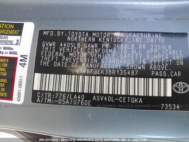 4T4BF3EK3BR135487 - 2011 TOYOTA CAMRY SE/LE/XLE მწვანე ფოტო 9