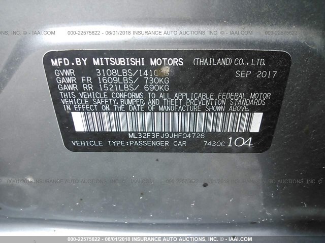 ML32F3FJ9JHF04726 - 2018 MITSUBISHI MIRAGE G4 ES Сұр фото 9