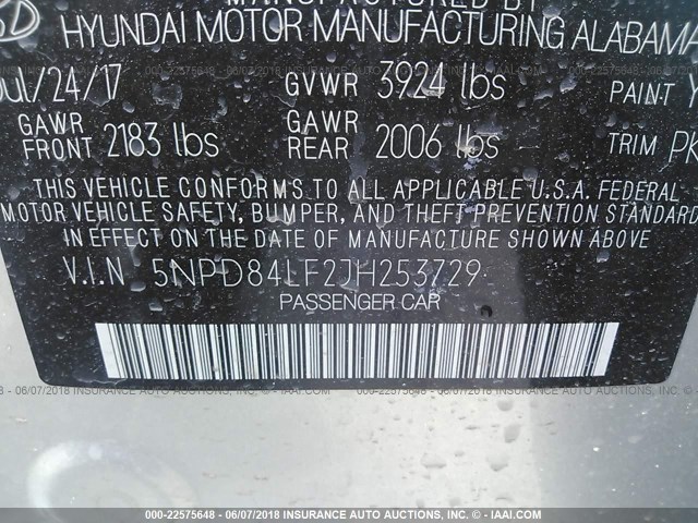 5NPD84LF2JH253729 - 2018 HYUNDAI ELANTRA SEL/VALUE/LIMITED SILVER photo 9