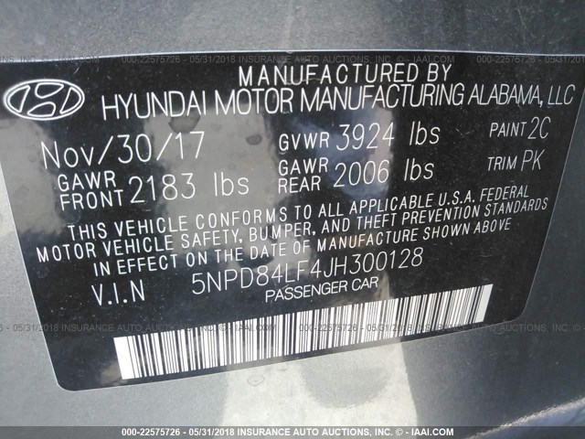 5NPD84LF4JH300128 - 2018 HYUNDAI ELANTRA SEL/VALUE/LIMITED GRAY photo 9