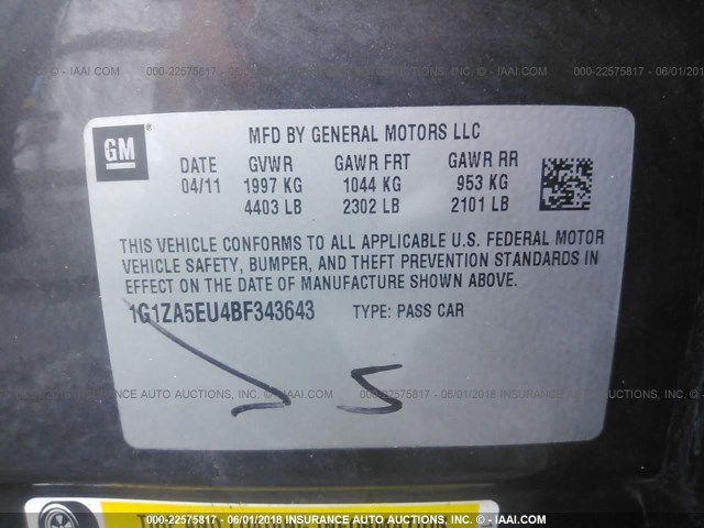 1G1ZA5EU4BF343643 - 2011 CHEVROLET MALIBU LS 灰色 照片 9