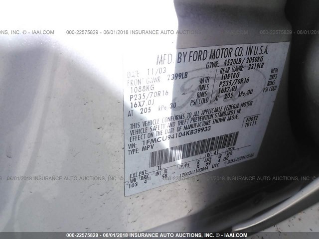 1FMCU94104KB39933 - 2004 FORD ESCAPE LIMITED SILVER photo 9