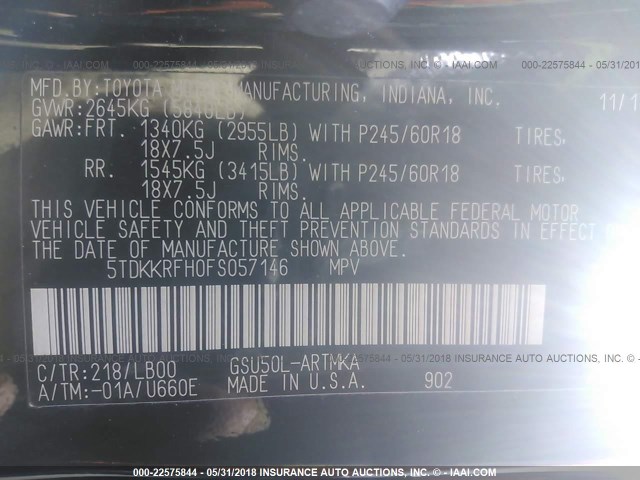 5TDKKRFH0FS057146 - 2015 TOYOTA HIGHLANDER XLE შავი ფოტო 9