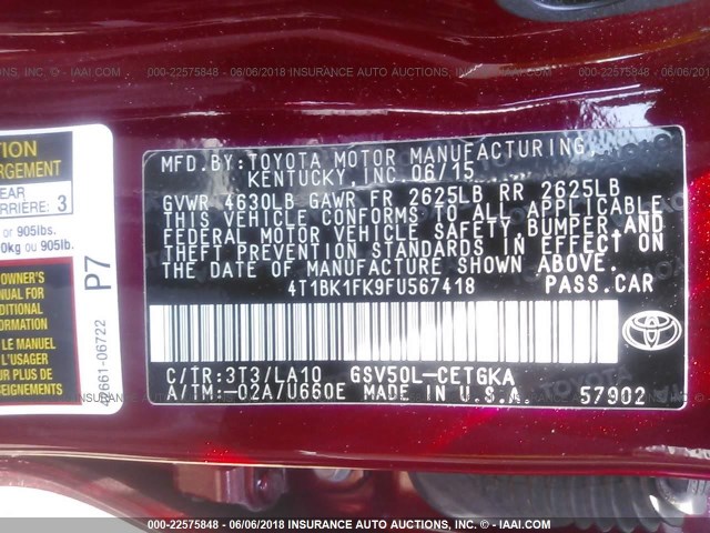 4T1BK1FK9FU567418 - 2015 TOYOTA CAMRY XSE/XLE 红色 照片 9