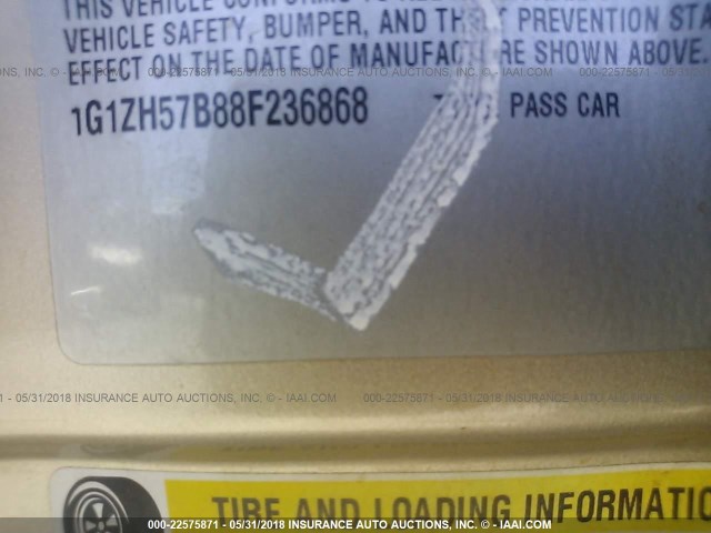 1G1ZH57B88F236868 - 2008 CHEVROLET MALIBU 1LT 金色 照片 9