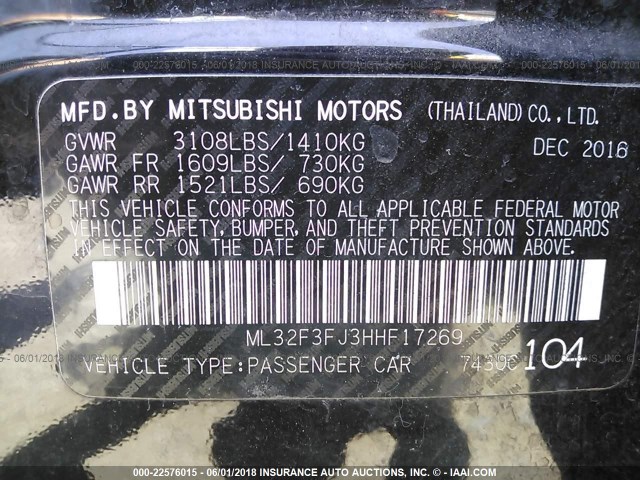 ML32F3FJ3HHF17269 - 2017 MITSUBISHI MIRAGE G4 ES შავი ფოტო 9