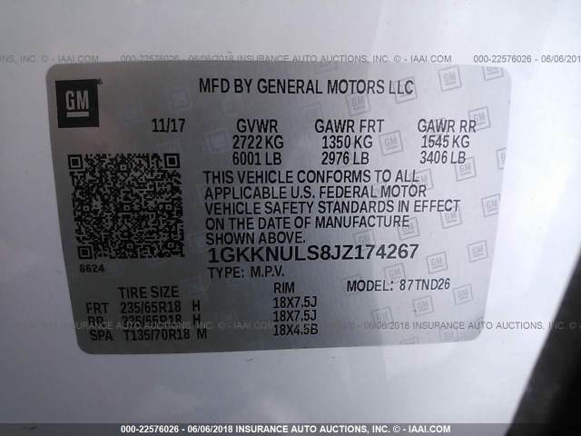 1GKKNULS8JZ174267 - 2018 GMC ACADIA SLT-1 Biały zdjęcie 9