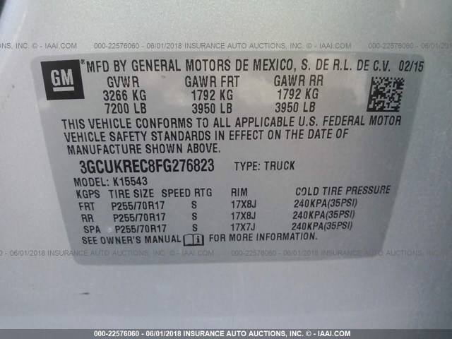 3GCUKREC8FG276823 - 2015 CHEVROLET SILVERADO K1500 LT SILVER photo 9