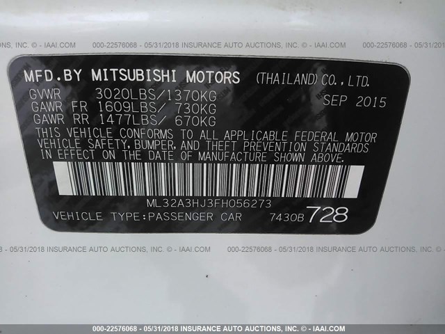 ML32A3HJ3FH056273 - 2015 MITSUBISHI MIRAGE DE WHITE photo 9