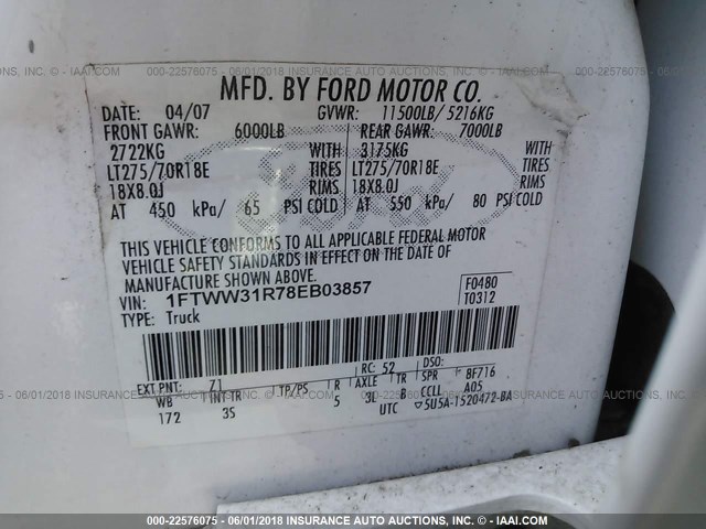 1FTWW31R78EB03857 - 2008 FORD F350 SRW SUPER DUTY WHITE photo 10