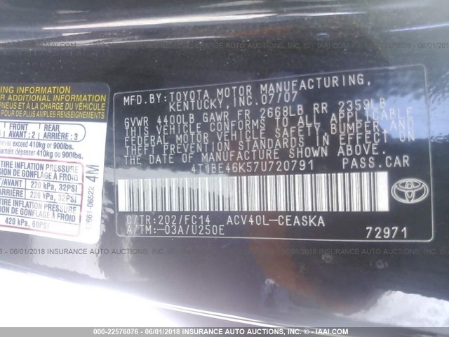 4T1BE46K57U720791 - 2007 TOYOTA CAMRY NEW GENERAT CE/LE/XLE/SE BLACK photo 9