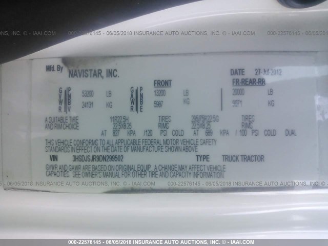 3HSDJSJR9DN299502 - 2013 INTERNATIONAL PROSTAR أبيض صورة 10