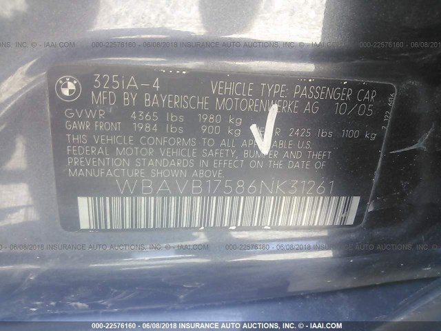 WBAVB17586NK31261 - 2006 BMW 325 I AUTOMATIC GRAY photo 9