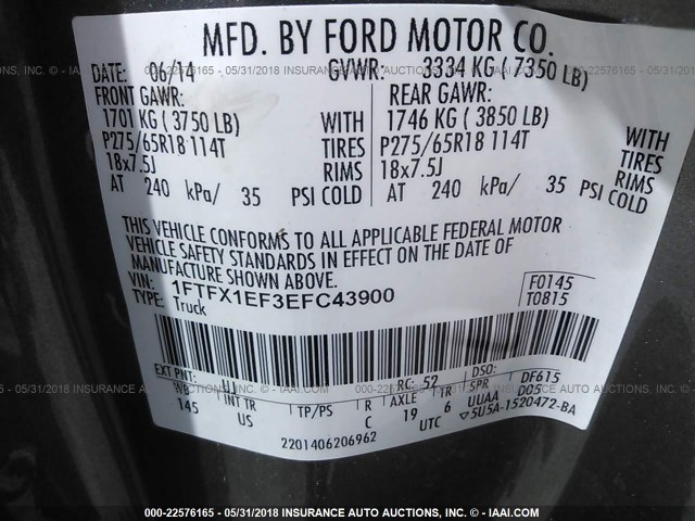 1FTFX1EF3EFC43900 - 2014 FORD F150 SUPER CAB GRAY photo 9