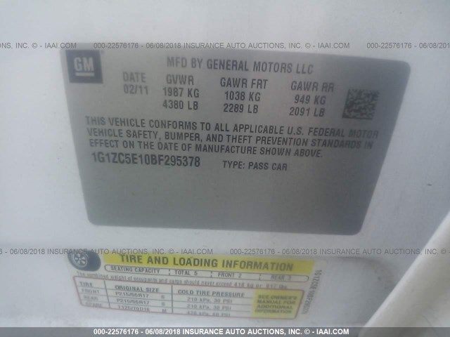 1G1ZC5E10BF295378 - 2011 CHEVROLET MALIBU 1LT თეთრი ფოტო 9