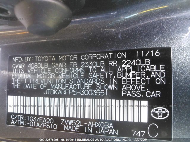 JTDKARFP5H3003551 - 2017 TOYOTA PRIUS PRIME  灰色 照片 9