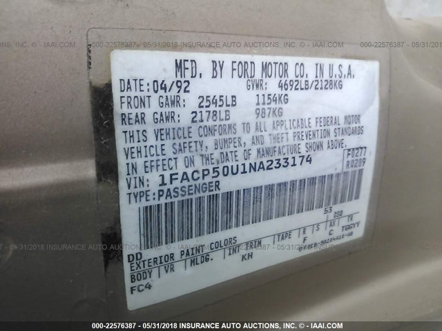 1FACP50U1NA233174 - 1992 FORD TAURUS L TAN photo 9