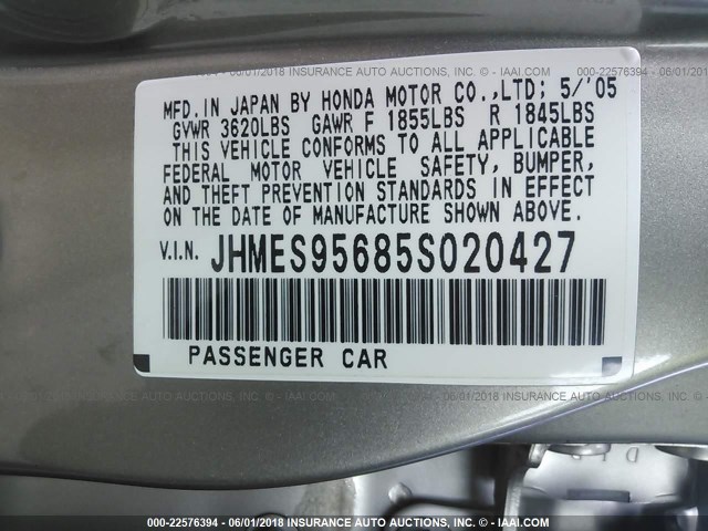 JHMES95685S020427 - 2005 HONDA CIVIC HYBRID BEIGE photo 9