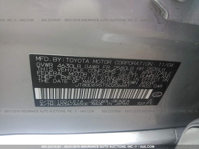 JT8BD69S150206681 - 2005 LEXUS GS 300 SILVER photo 9