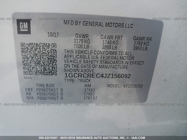 1GCRCREC4JZ156092 - 2018 CHEVROLET SILVERADO C1500 LT Weiß Foto 9