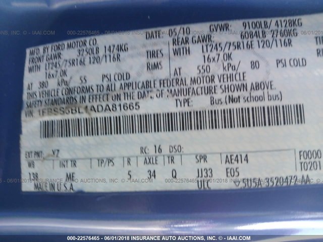 1FBSS3BL1ADA81665 - 2010 FORD ECONOLINE E350 SUPER DUTY WAGON BLUE photo 9