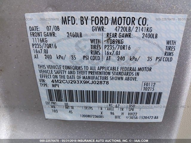 4M2CU293X9KJ02878 - 2009 MERCURY MARINER HYBRID SILVER photo 9