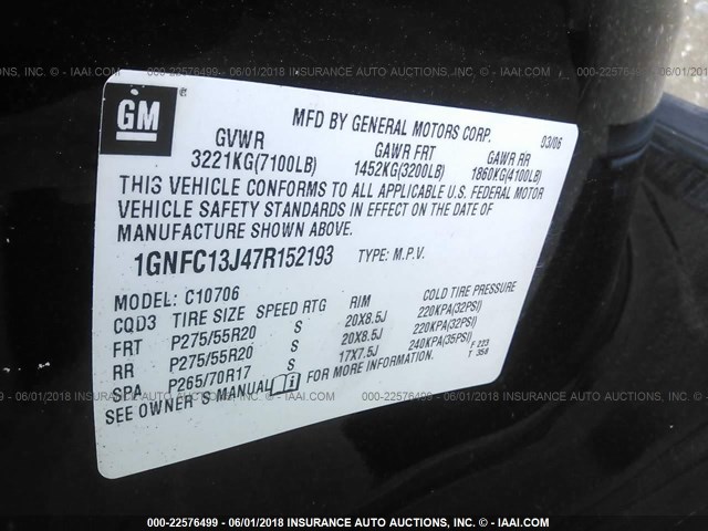 1GNFC13J47R152193 - 2007 CHEVROLET TAHOE C1500 BLACK photo 9