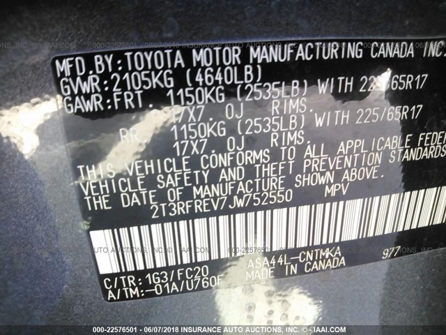 2T3RFREV7JW752550 - 2018 TOYOTA RAV4 ADVENTURE/XLE BLACK photo 9