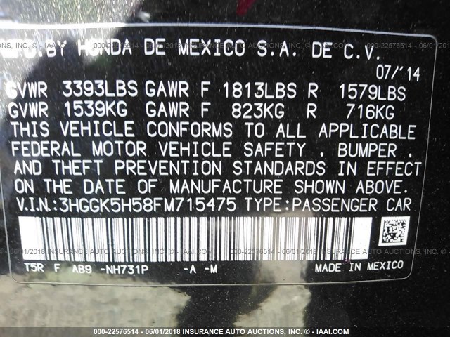 3HGGK5H58FM715475 - 2015 HONDA FIT LX BLACK photo 9