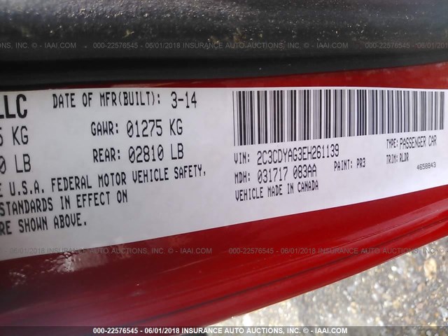 2C3CDYAG3EH261139 - 2014 DODGE CHALLENGER SXT RED photo 9