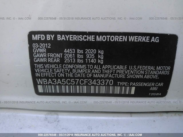 WBA3A5C57CF343370 - 2012 BMW 328 I WHITE photo 9