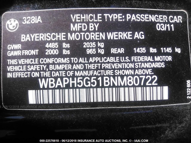 WBAPH5G51BNM80722 - 2011 BMW 328 I SULEV BLACK photo 9