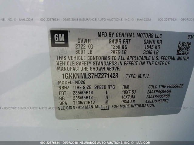 1GKKNMLS7HZ271423 - 2017 GMC ACADIA SLT-1 Biały zdjęcie 9