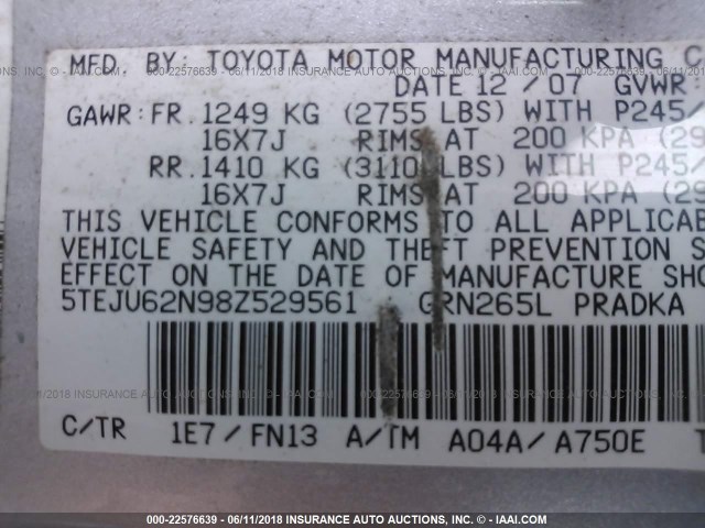 5TEJU62N98Z529561 - 2008 TOYOTA TACOMA DOUBLE CAB PRERUNNER SILVER photo 9