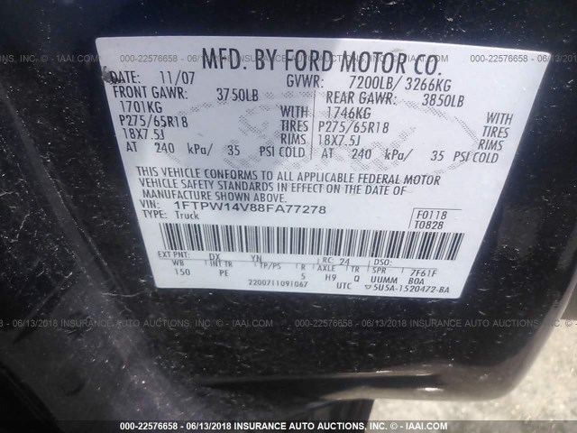 1FTPW14V88FA77278 - 2008 FORD F150 SUPERCREW BLUE photo 9