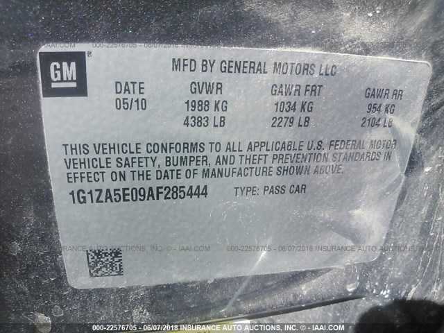 1G1ZA5E09AF285444 - 2010 CHEVROLET MALIBU LS GRAY photo 9