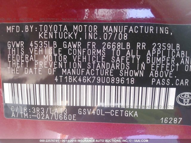 4T1BK46K79U089618 - 2009 TOYOTA CAMRY SE/LE/XLE 红色 照片 9