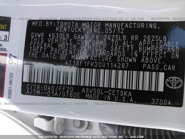 4T1BF1FK2CU114287 - 2012 TOYOTA CAMRY SE/LE/XLE თეთრი ფოტო 9