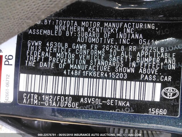 4T4BF1FK6ER415203 - 2014 TOYOTA CAMRY L/SE/LE/XLE შავი ფოტო 9