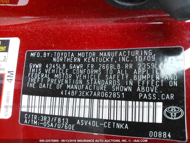 4T4BF3EK7AR062851 - 2010 TOYOTA CAMRY SE/LE/XLE RED photo 9