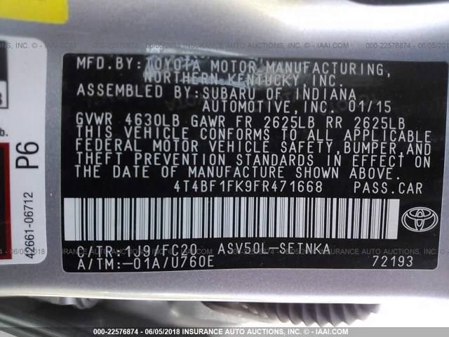 4T4BF1FK9FR471668 - 2015 TOYOTA CAMRY LE/XLE/SE/XSE SILVER photo 9