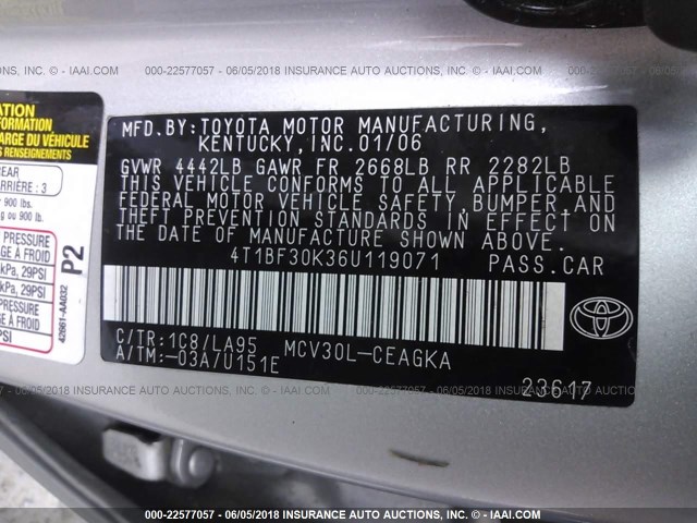 4T1BF30K36U119071 - 2006 TOYOTA CAMRY LE/XLE/SE ვერცხლისფერი ფოტო 9