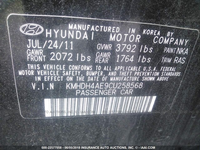KMHDH4AE9CU258568 - 2012 HYUNDAI ELANTRA GLS/LIMITED 黑色 照片 9