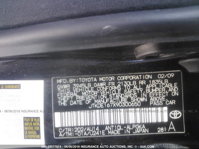 JTKDE167X90300650 - 2009 TOYOTA SCION TC 黑色 照片 9