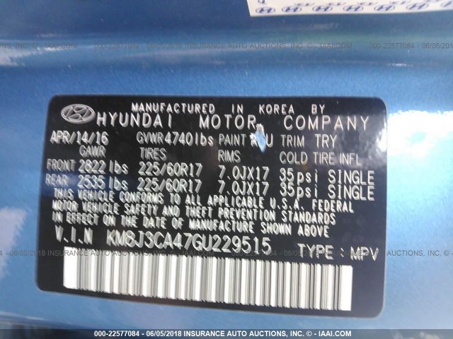 KM8J3CA47GU229515 - 2016 HYUNDAI TUCSON LIMITED/SPORT AND ECO/SE BLUE photo 9