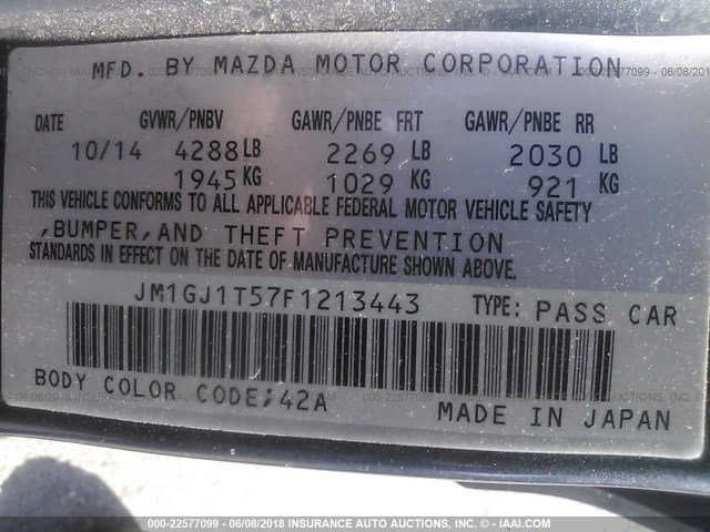 JM1GJ1T57F1213443 - 2015 MAZDA 6 TOURING GRAY photo 9