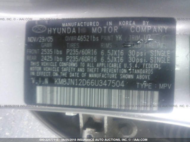 KM8JN12D66U347504 - 2006 HYUNDAI TUCSON GLS/LIMITED SILVER photo 9