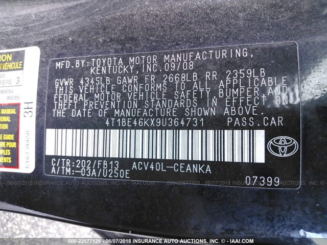 4T1BE46KX9U364731 - 2009 TOYOTA CAMRY SE/LE/XLE შავი ფოტო 9